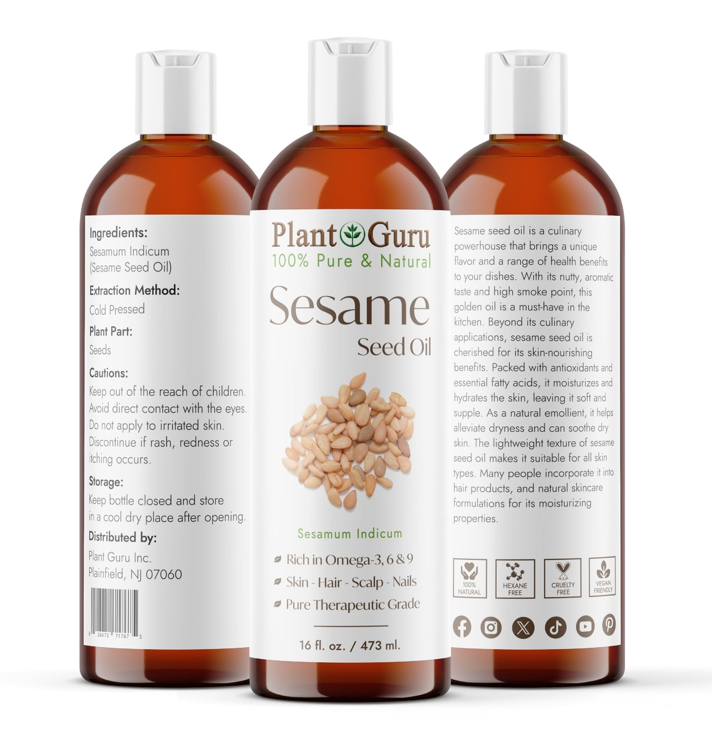 Plant Guru Sesame Seed Oil 16 fl oz – Cold-Pressed, 100% Pure Carrier for Skin, Hair & Cooking