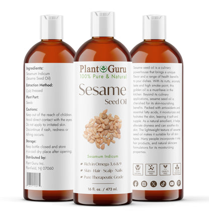 Plant Guru Sesame Seed Oil 16 fl oz – Cold-Pressed, 100% Pure Carrier for Skin, Hair & Cooking