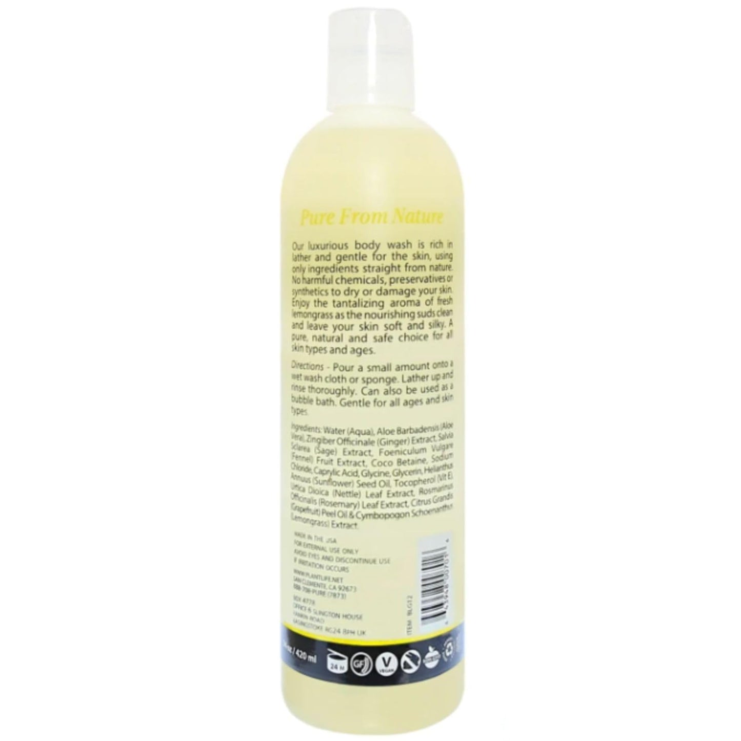 Plantlife Lemongrass Body Wash – GMO-Free, Gluten-Free, Gentle & Moisturizing | 14 oz | Made in USA