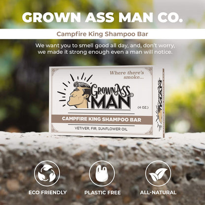 Grown Ass Man Co. Campfire King Solid Shampoo Bar — 3-in-1 Hair, Beard & Body, Plastic Free