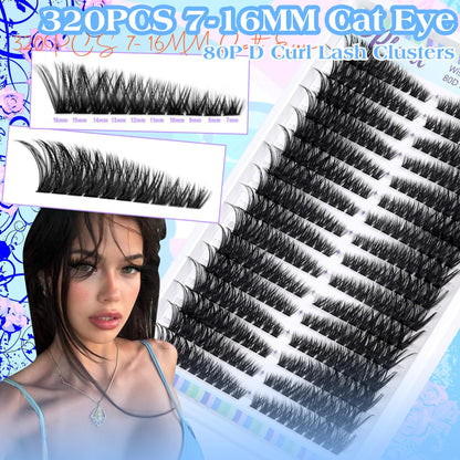 Pleell Lash Clusters 320 Pcs – Cat Eye 7-16mm 80D DIY Lashes