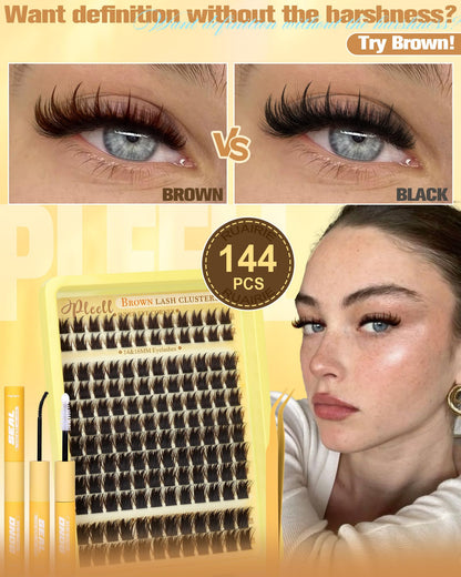 Pleell Lash Clusters Kit Brown 14-16mm with Spikes – Anime Volume Lashes, Bond & Seal, Tweezers