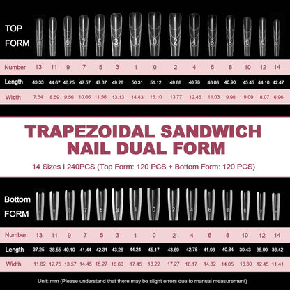 Plman 240 PCS Sandwich Nail Dual Forms – Polygel & Builder Gel Extension Kit (14 Sizes, Trapezoidal)