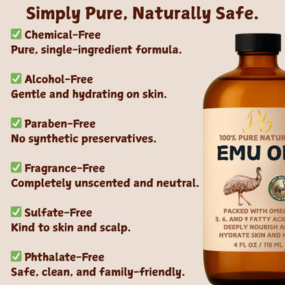 Pomberries Emu Oil - 100% Pure Australian Emu Oil, Refined & Unscented (4 oz)