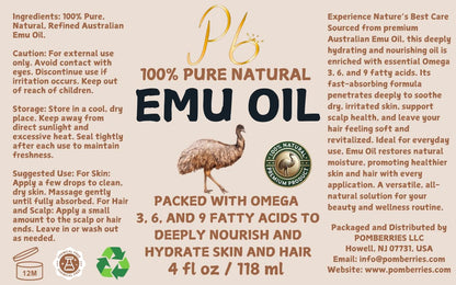 Pomberries Emu Oil - 100% Pure Australian Emu Oil, Refined & Unscented (4 oz)