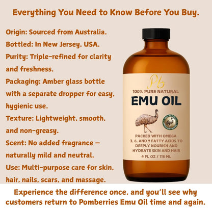 Pomberries Emu Oil - 100% Pure Australian Emu Oil, Refined & Unscented (4 oz)