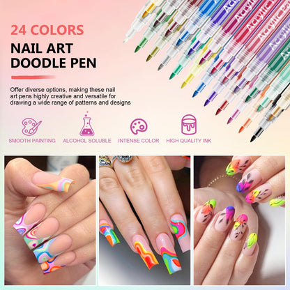 Ponhey 24 Colors Nail Art Pens Set – 0.7mm Quick-Dry Nail Markers for DIY Manicure