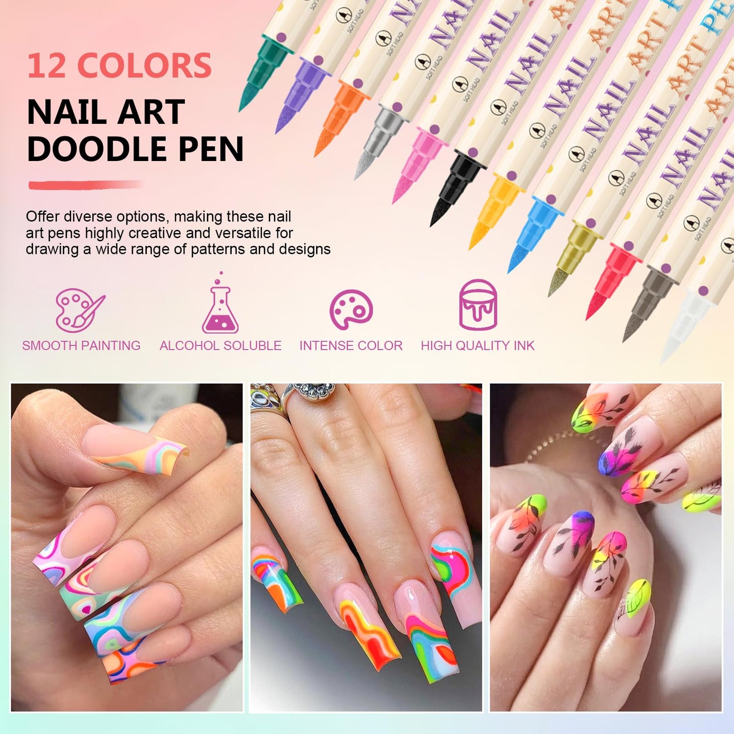 Ponhey 12 Colors Nail Art Pens Set – 0.7mm Quick-Dry Acrylic Markers for DIY Nail Design