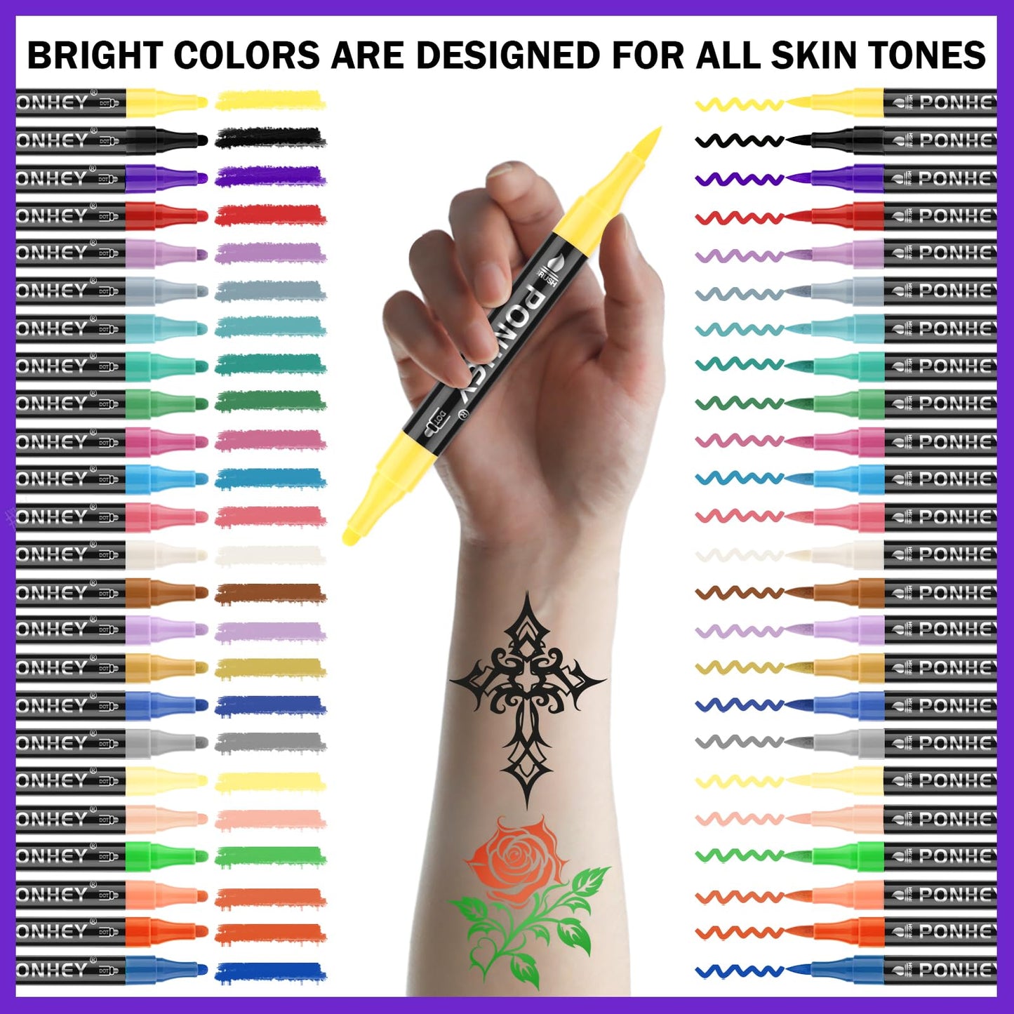 Ponhey Temporary Tattoo Markers Kit – 24 Colors, 67 Stencils, Dual-End Pens, Skin-Safe Body Art