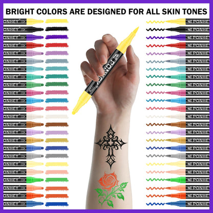 Ponhey Temporary Tattoo Markers Kit – 24 Colors, 67 Stencils, Dual-End Pens, Skin-Safe Body Art