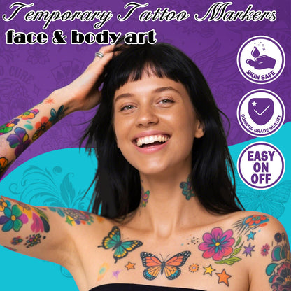 Ponhey Temporary Tattoo Markers Kit – 24 Colors, 67 Stencils, Dual-End Pens, Skin-Safe Body Art