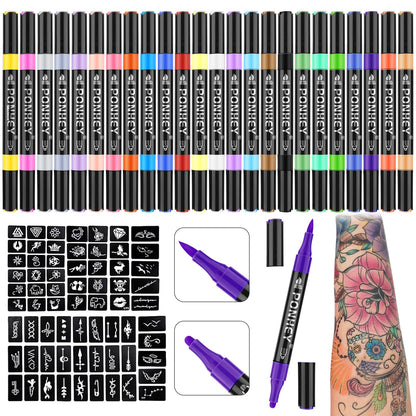 Ponhey Temporary Tattoo Markers Kit – 24 Colors, 67 Stencils, Dual-End Pens, Skin-Safe Body Art