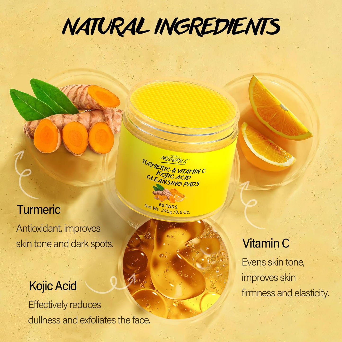 POP MODERN.C Turmeric Kojic Acid Cleansing Pads — 60 Pcs for Even Skin Tone, Vitamin C Exfoliating Pads