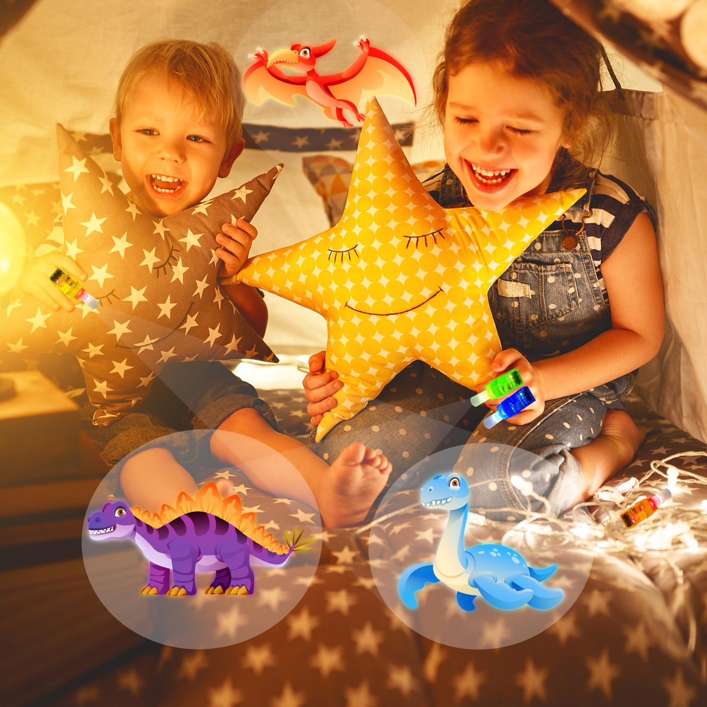 POPOOO 24Pcs Dinosaur LED Finger Lights – Glow-in-the-Dark Party Favors