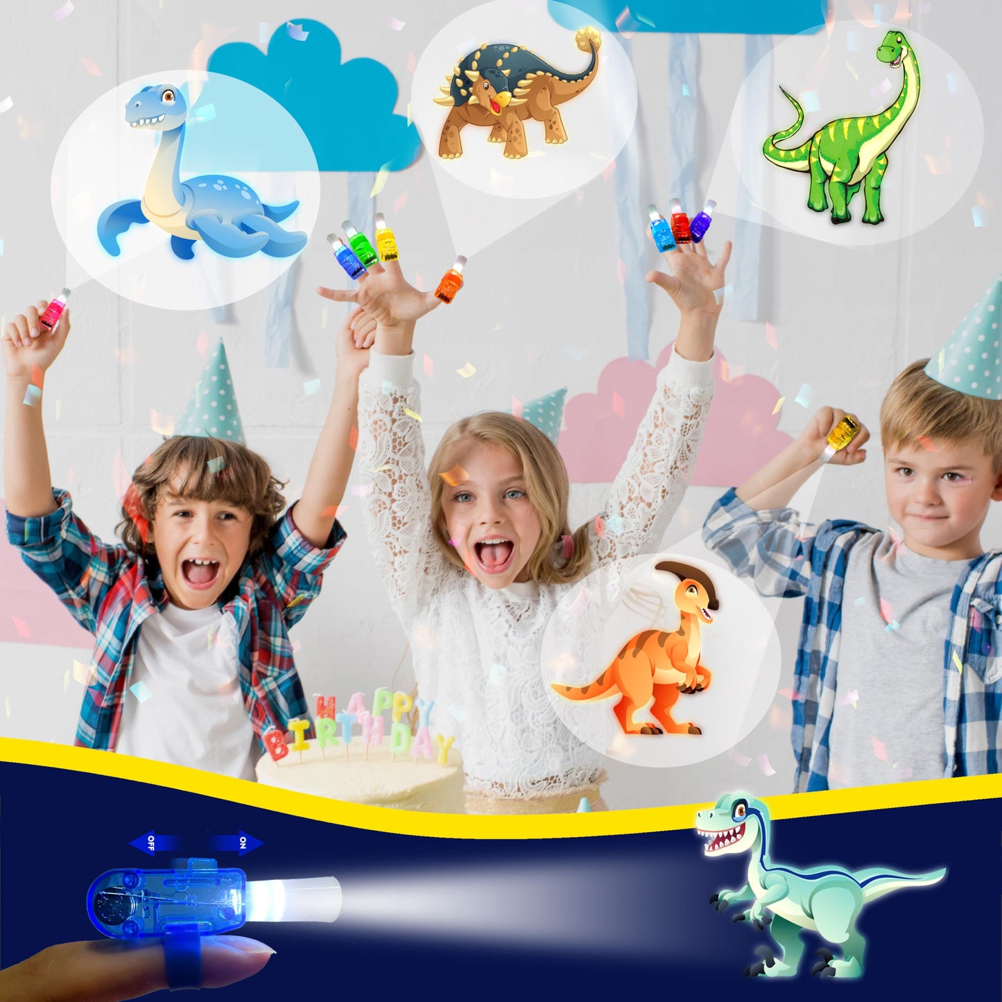 POPOOO 24Pcs Dinosaur LED Finger Lights – Glow-in-the-Dark Party Favors