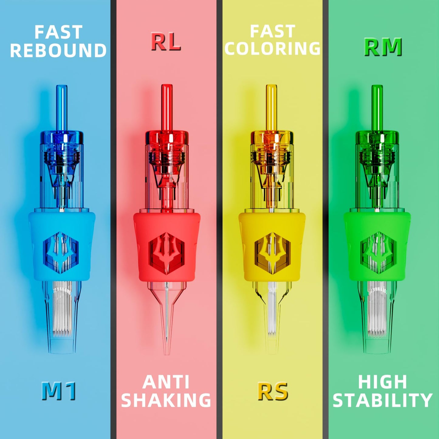 POSEIDON 1214RL Tattoo Cartridge Needles 50Pcs | #12 Round Liner, 316L Stainless, Silicone Grip, Universal Fit