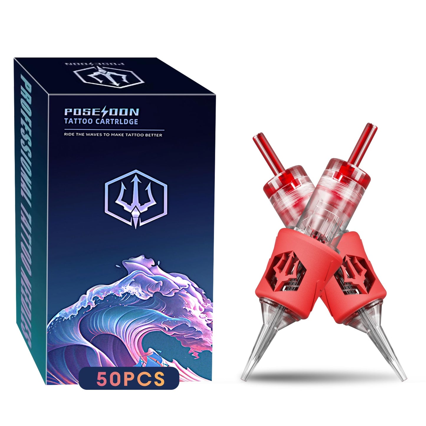 POSEIDON 1214RL Tattoo Cartridge Needles 50Pcs | #12 Round Liner, 316L Stainless, Silicone Grip, Universal Fit
