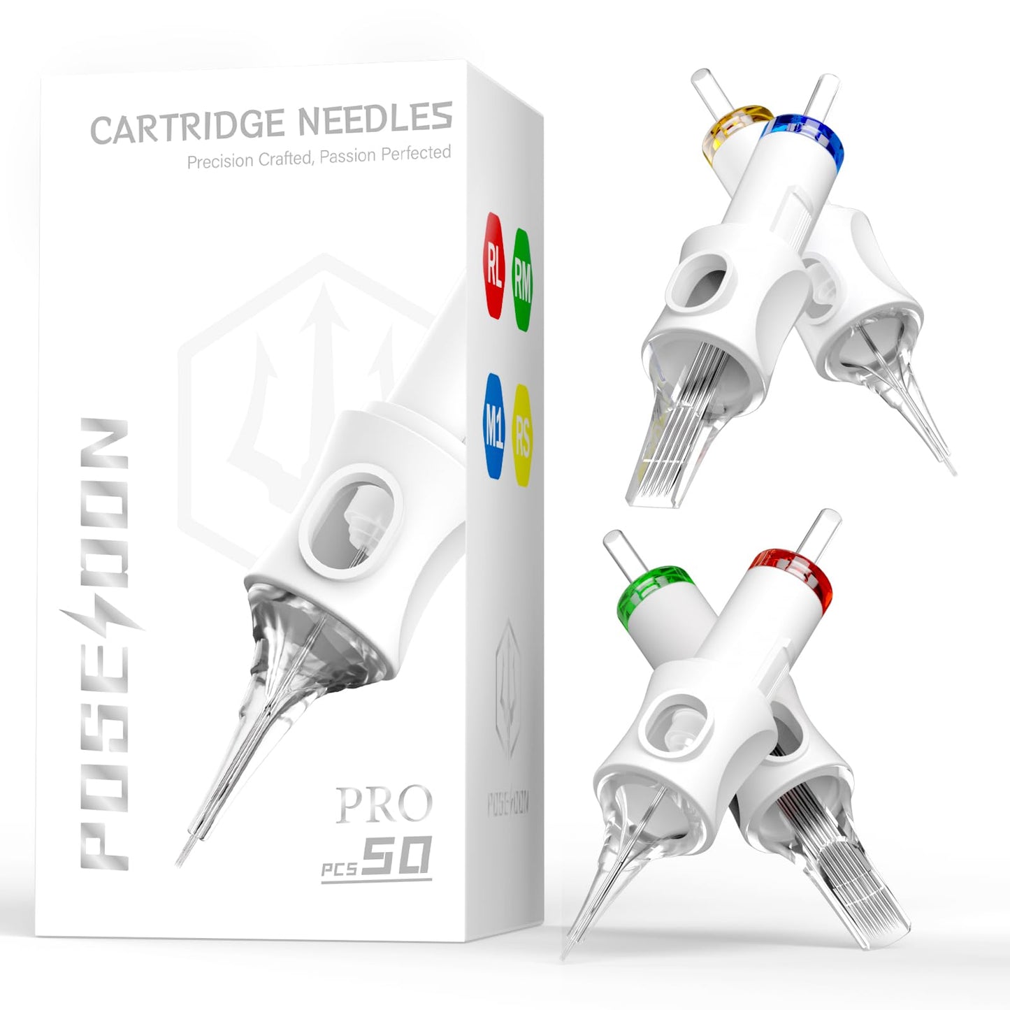 POSEIDON 50-Pack Professional Tattoo Cartridges Needles – Universal Fit 0.35 inch Base (5RL/7RL/9RL/5RS/7RS/9RS/7RM/15RM/7M1/15M1) With Membrane