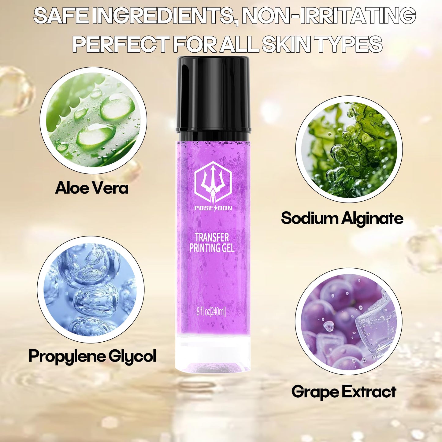 POSEIDON Tattoo Stencil Transfer Gel — 8 oz / 240 ml, Long-Lasting & Smudge-Proof for Paper & Machines (Juicy Grape Scent)