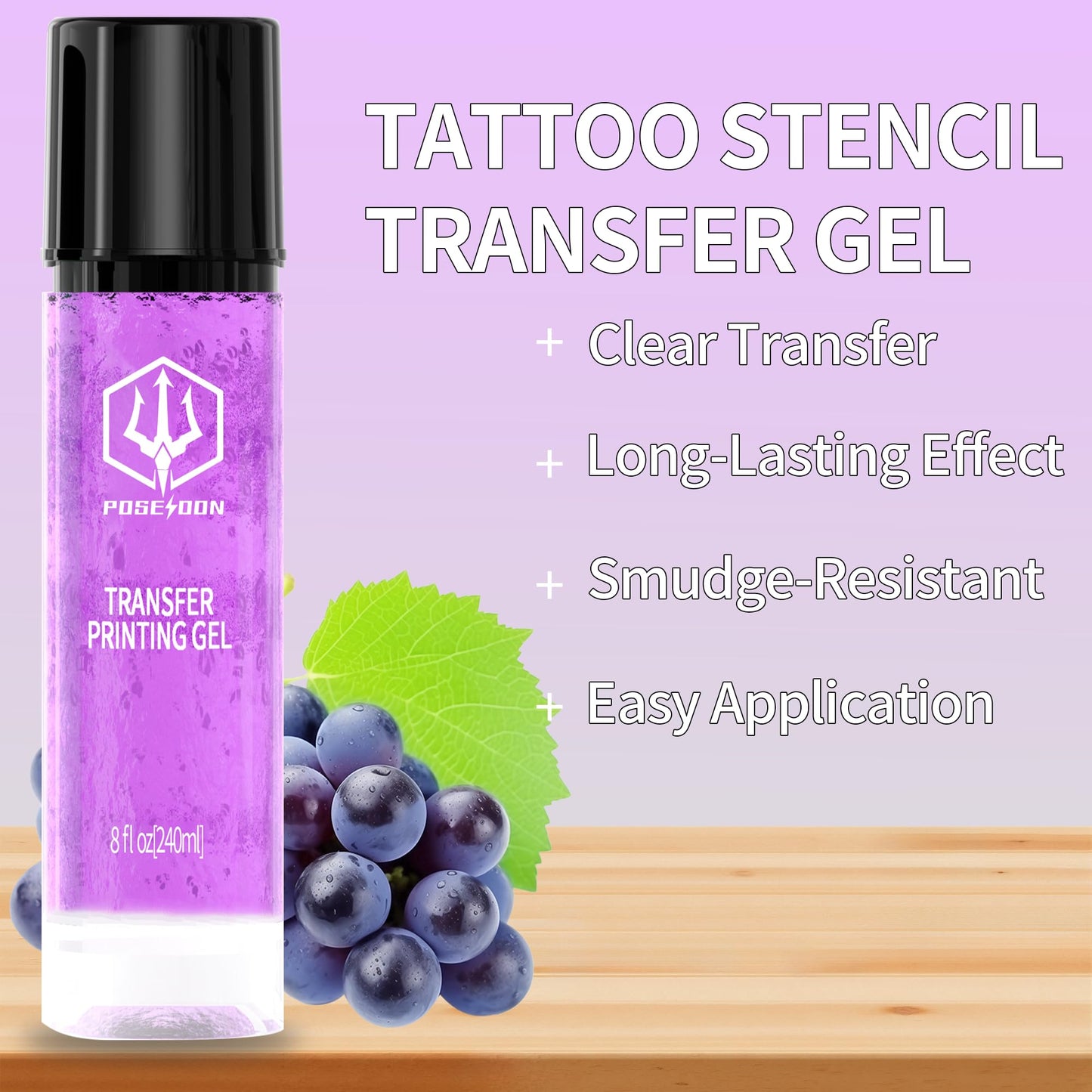 POSEIDON Tattoo Stencil Transfer Gel — 8 oz / 240 ml, Long-Lasting & Smudge-Proof for Paper & Machines (Juicy Grape Scent)