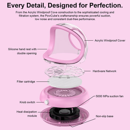 PowCube Nail Dust Collector with Transparent Airflow Shield – 5000RPM Ultra Quiet Vacuum (Pink)