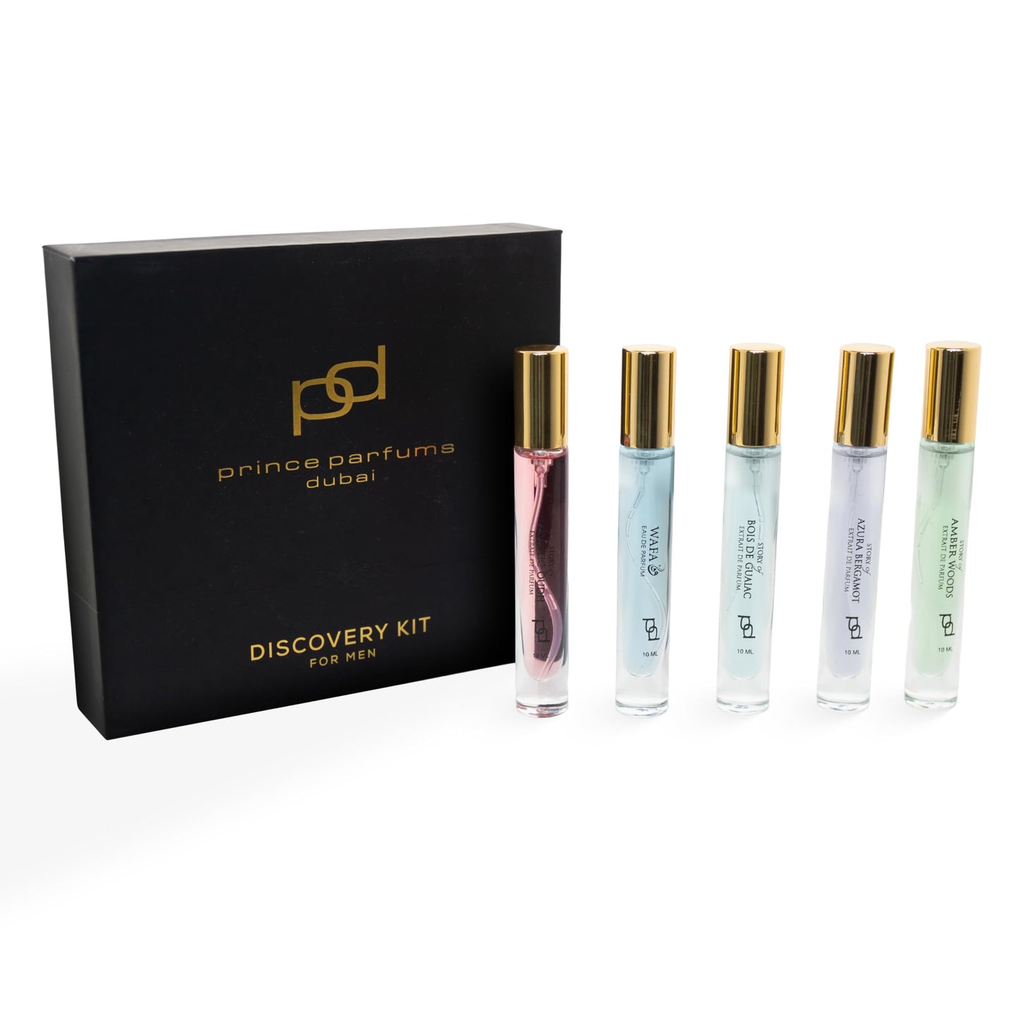 Prince Parfums Dubai – Men’s Discovery Kit: 5 x 10ml Extrait de Parfum Sprays (Wafa, Majestic Oudh, Bois de Guaiac, Azura Bergamot, Amber Woods)