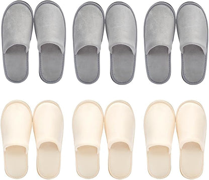 6 Pairs Premium Spa Slippers Gray & Beige – Soft Non-Slip Guest Slippers for Hotel and Bridal