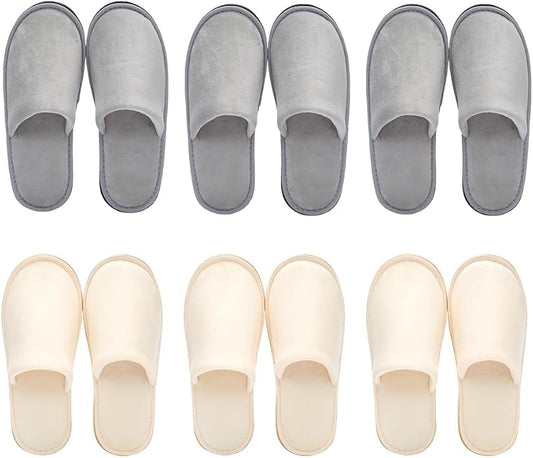 6 Pairs Premium Spa Slippers Gray & Beige – Soft Non-Slip Guest Slippers for Hotel and Bridal