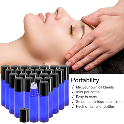 PrettyCare Roller Bottles 10ml – 12 Pack Blue Glass with Black Cap, 24 Labels, 2 Extra Roller Balls, Opener & 2 Funnels