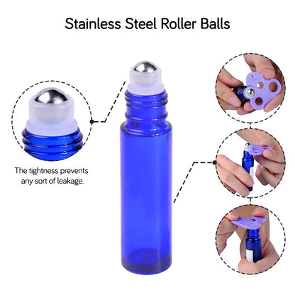 PrettyCare Roller Bottles 10ml – 12 Pack Blue Glass with Black Cap, 24 Labels, 2 Extra Roller Balls, Opener & 2 Funnels