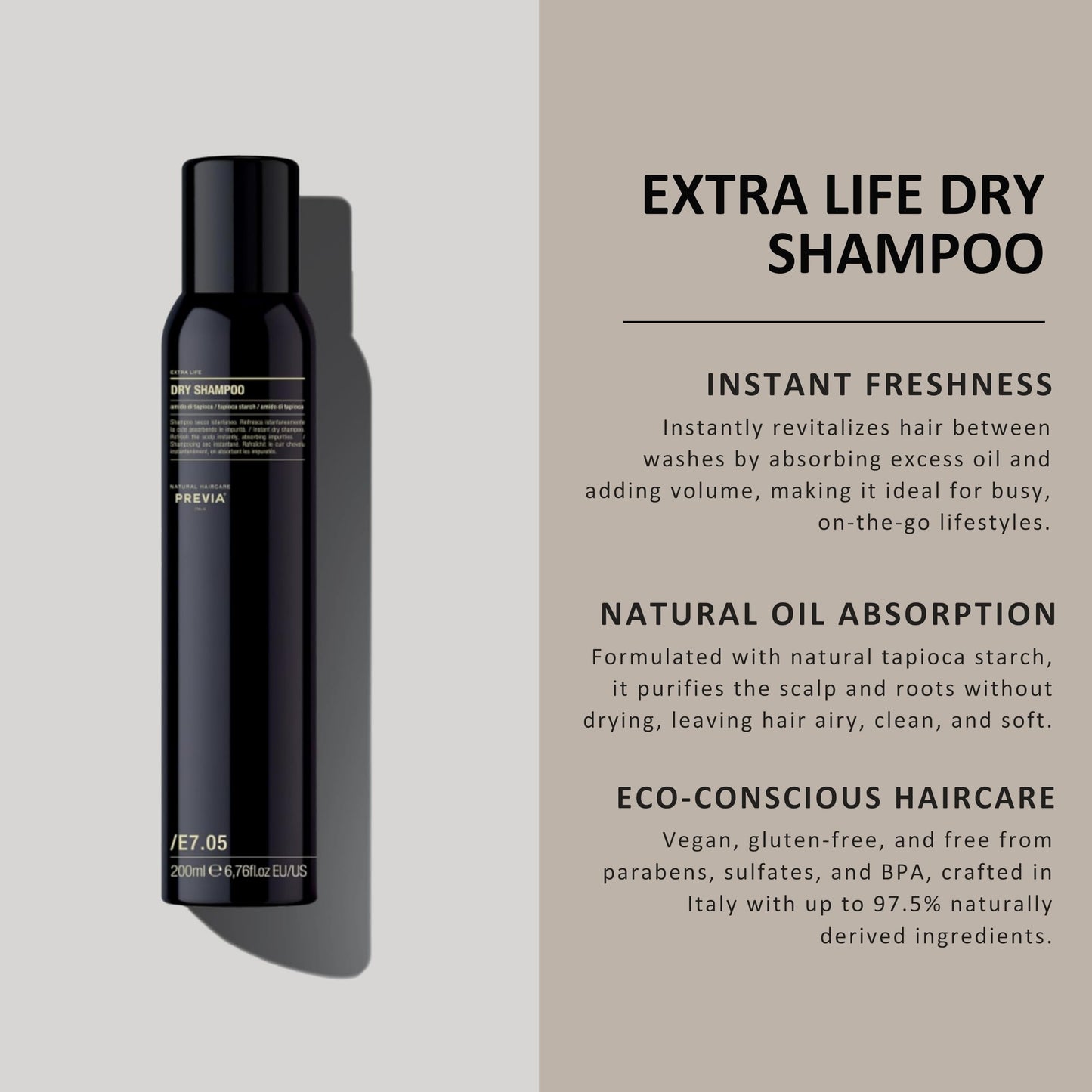 PREVIA Extra Life Dry Shampoo | Instant Refresh with Tapioca Starch | 6.76 oz