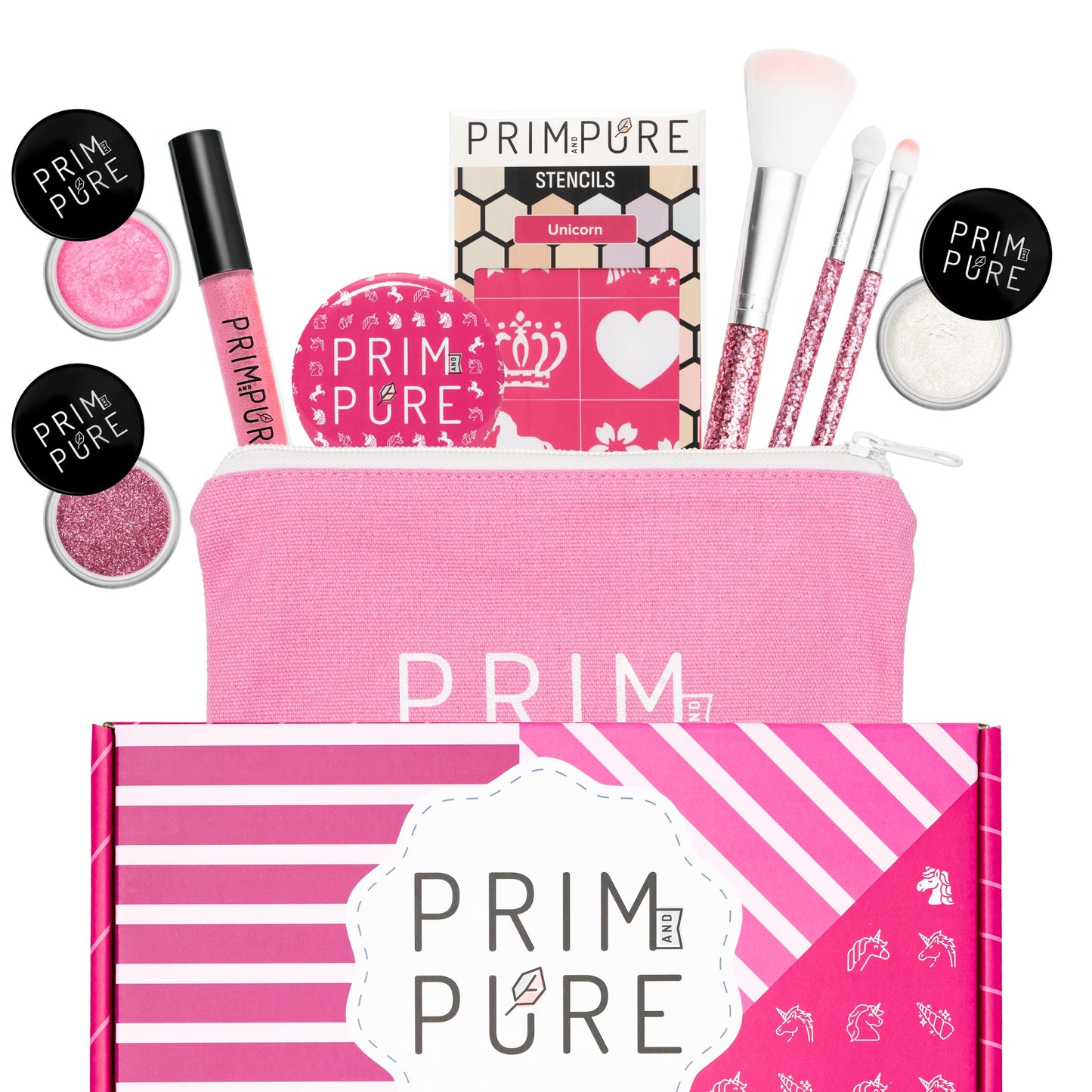 Prim and Pure Kids Makeup Gift Set – Unicorn Pink with Stencil, Bioglitter Lip Gloss, Eyeshadow & Mirror