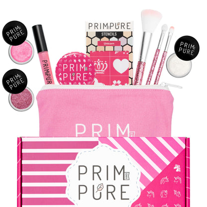 Prim and Pure Kids Makeup Gift Set – Unicorn Pink with Stencil, Bioglitter Lip Gloss, Eyeshadow & Mirror