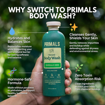 PRIMALS Natural Body Wash - Aloe Vera, Raw Honey & Green Tea | 13.5 Fl Oz