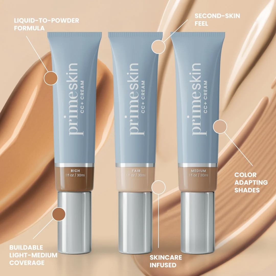 PrimePrometics PrimeSkin CC+ Cream for Mature Skin – Lightweight Liquid-to-Powder Foundation | Blur Pores, Cover Age Spots (Light)