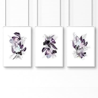 Wall decor for bathrooms | Set of 3 Tropical Purple wall art