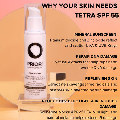 PRIORI Tetra Sunscreen Lotion SPF 55 — Universal Tint, Reef-Safe Mineral