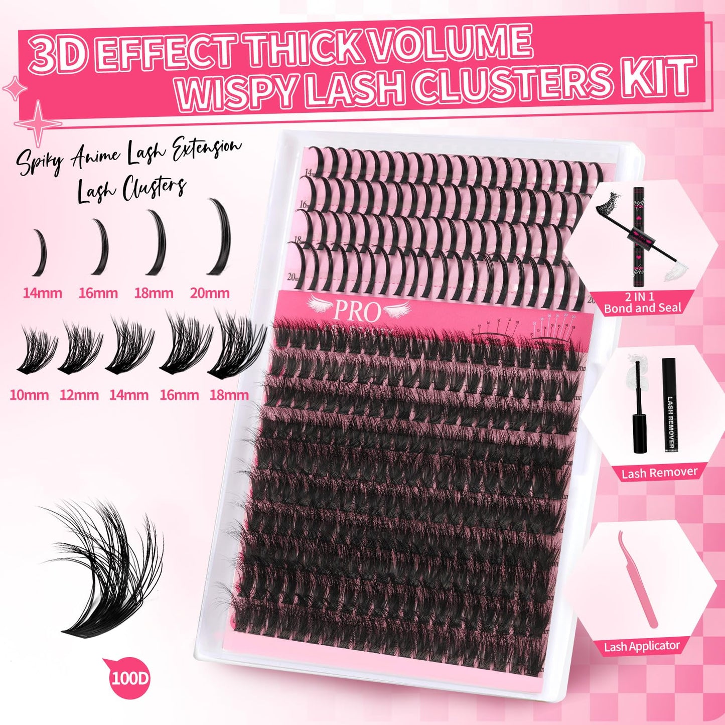 PRO LASHBEAUTY Lash Clusters with Spikes Kit - 100D 10-18mm 3D Style DIY Lashes