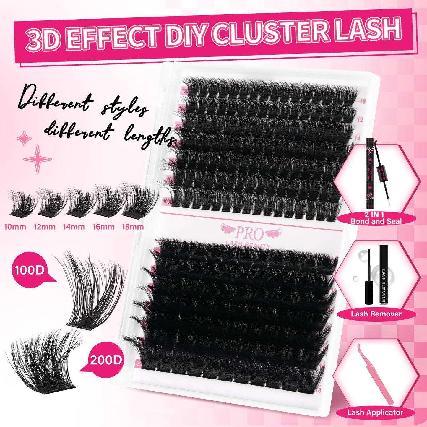 PRO LASHBEAUTY Lash Clusters Kit 3D Style DIY Lash Extension Kit with Bond & Seal – Easy Home Application