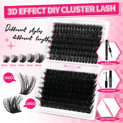 PRO LASHBEAUTY Lash Clusters Kit 3D Style DIY Lash Extension Kit with Bond & Seal – Easy Home Application