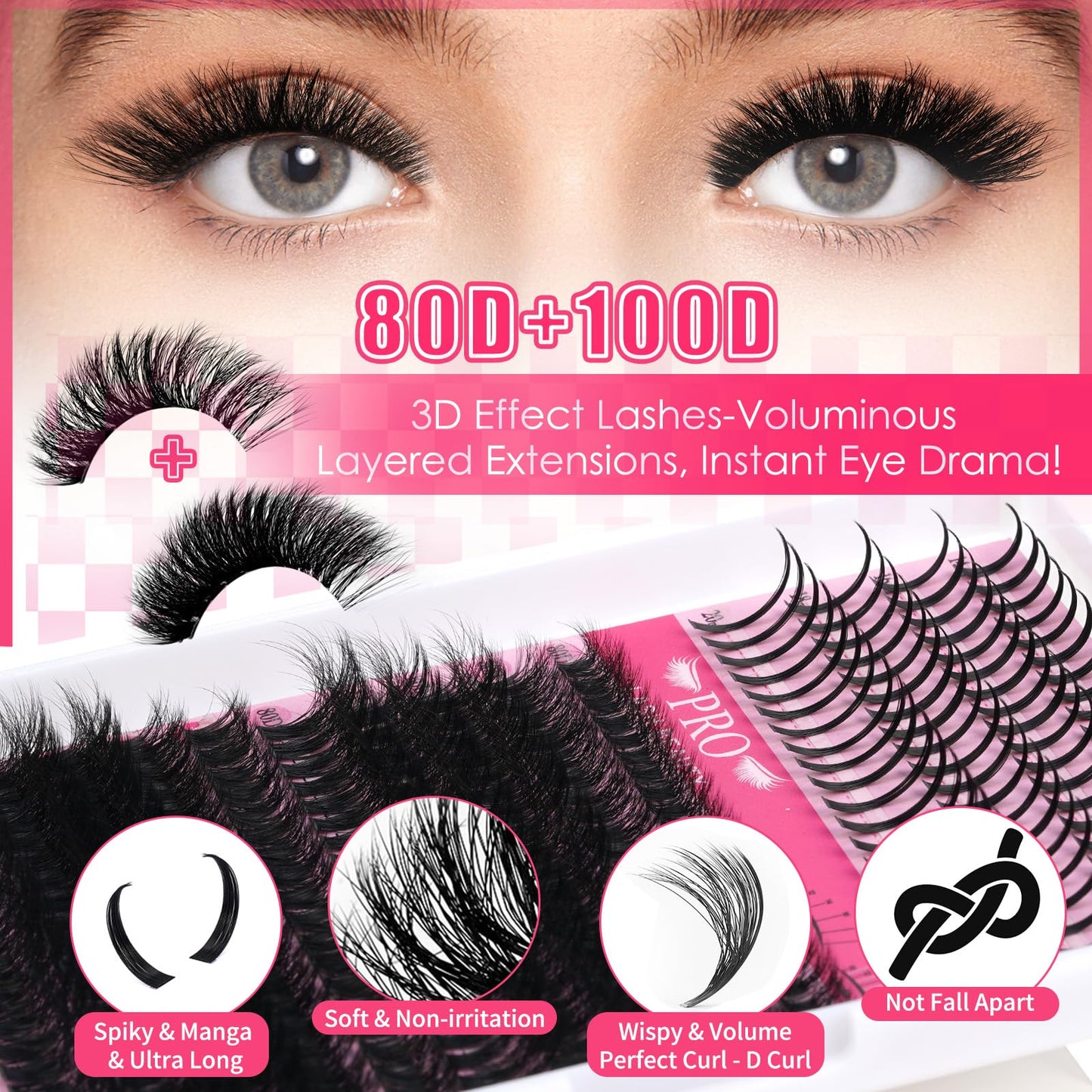 PRO LASHBEAUTY Lash Clusters Kit 80D+100D Spikes 3D Style — DIY Home Lashes with Bond, Seal, Remover & Tweezers