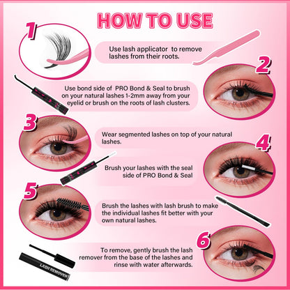 PRO LASHBEAUTY Lash Clusters Kit 3D Spiky Wispy – DIY Lash Extensions with Bond & Seal