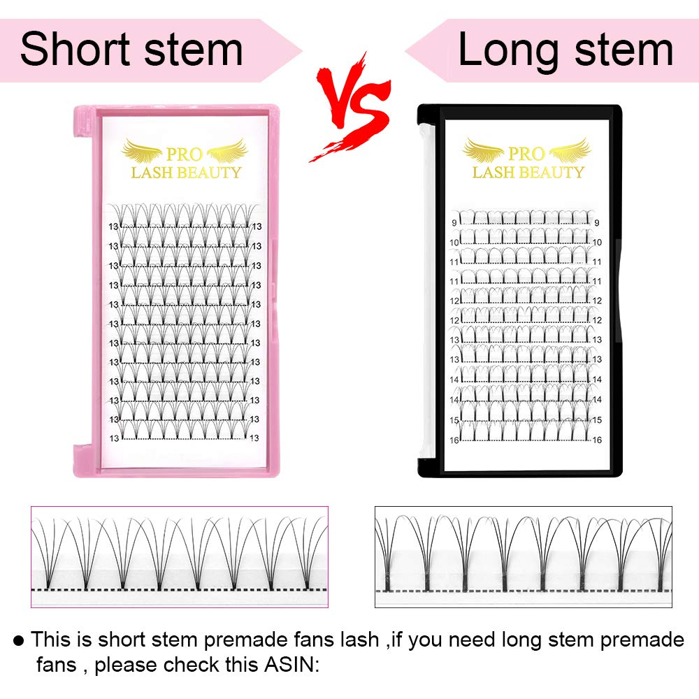 PRO LASHBEAUTY Premade Volume Eyelash Extensions 4D-C-0.07 (17mm) – Short Stem Premade Fans