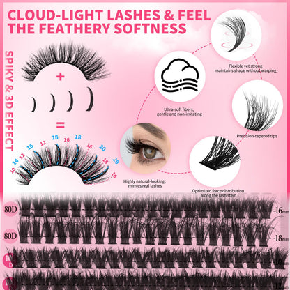 PRO LASHBEAUTY Lash Clusters Kit 80D+100D Spikes 3D Style — DIY Home Lashes with Bond, Seal, Remover & Tweezers