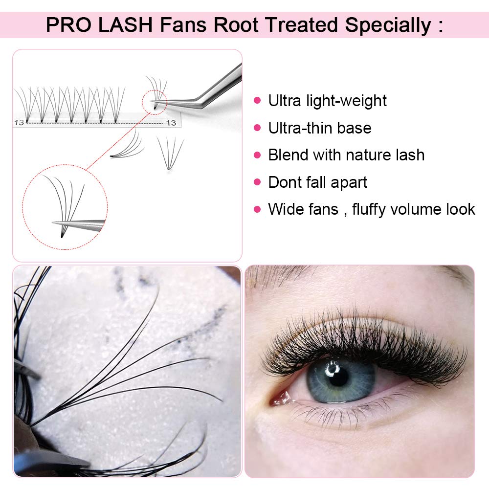 PRO LASHBEAUTY Premade Volume Eyelash Extensions 4D-C-0.10 (9–20mm) Short Stem Fans