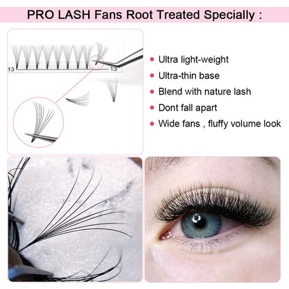 PRO LASHBEAUTY Premade Volume Eyelash Extensions 8D-C-0.07 | 9–20 mm Short Stem Fans