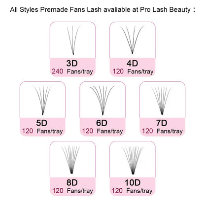 PRO LASHBEAUTY Premade Volume Eyelash Extensions: 8D 0.07/0.10, 17mm Short Stem Fans