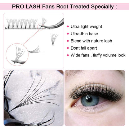 PRO LASHBEAUTY Premade Fans Eyelash Extensions 7D-D-0.07 17mm Short Stem Volume Lashes