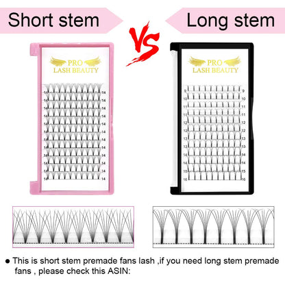 PRO LASHBEAUTY Premade Fans 6D Short Stem Eyelash Extensions – 0.07/0.10 C/D Curl 18mm