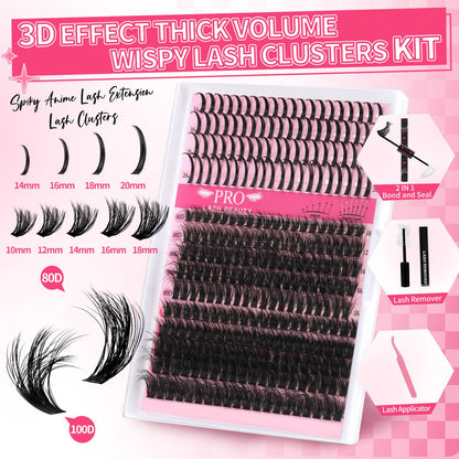 PRO LASHBEAUTY Lash Clusters Kit 80D+100D Spikes 3D Style — DIY Home Lashes with Bond, Seal, Remover & Tweezers